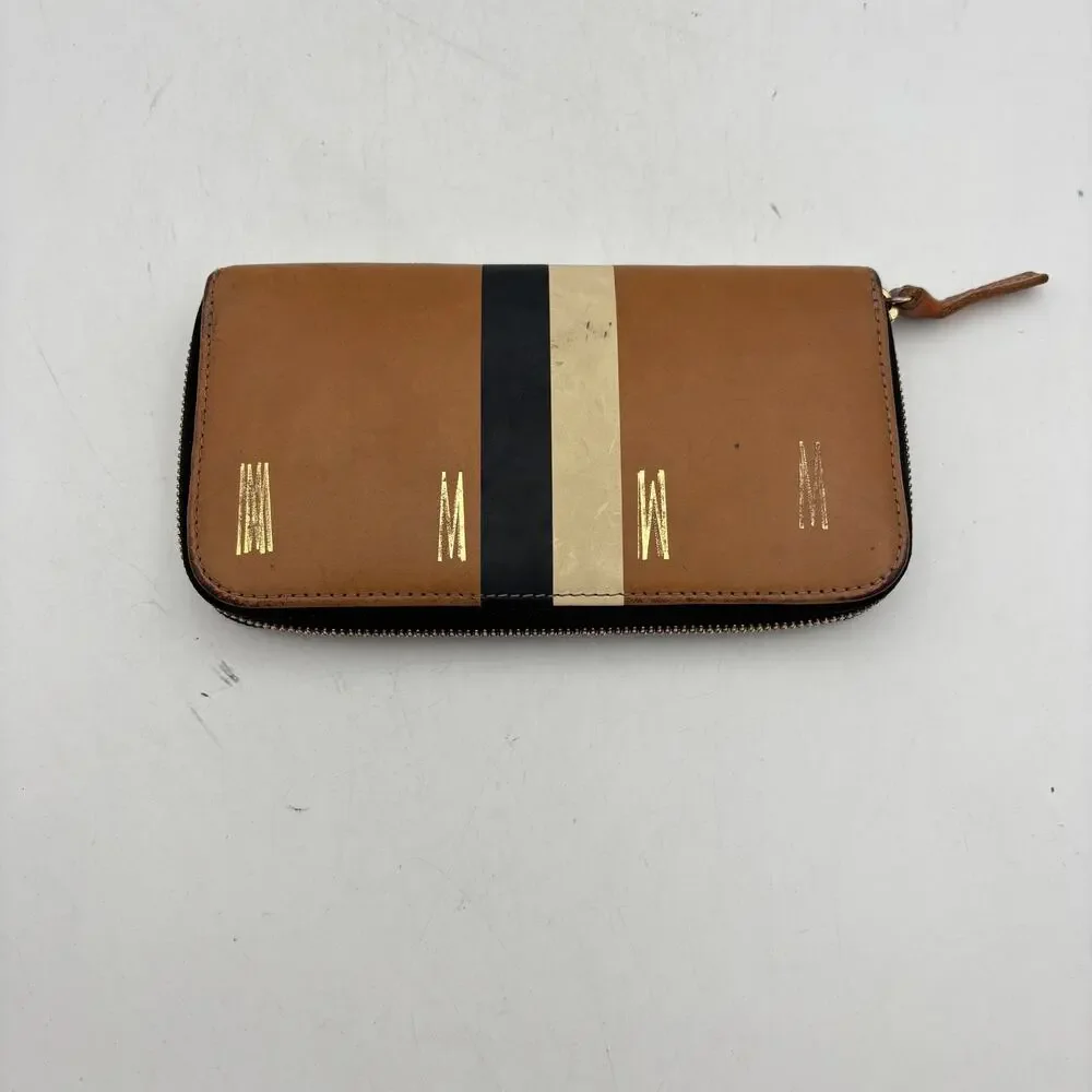 Clare V. Continental Printed Stripe Wallet Leather Tan Initial Logo Minimalist